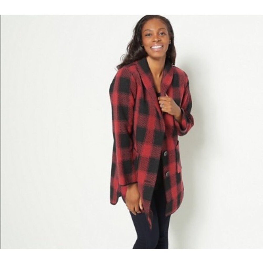 Joan Rivers Button Front Plaid Coat Shawl Collar & Pockets Size XXS Red Black